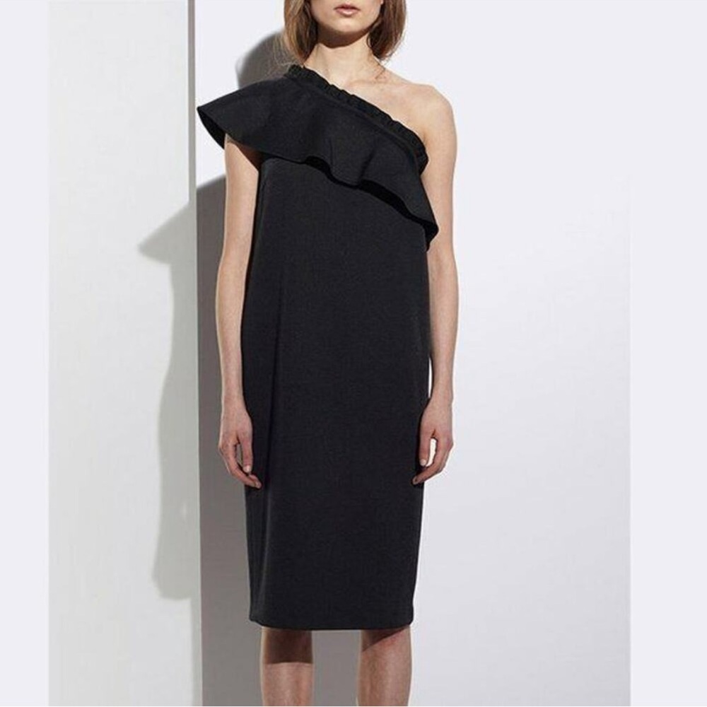 Apiece Apart Reina Dress Black One Shoulder Ruffle Pockets Mini Shift Size 8